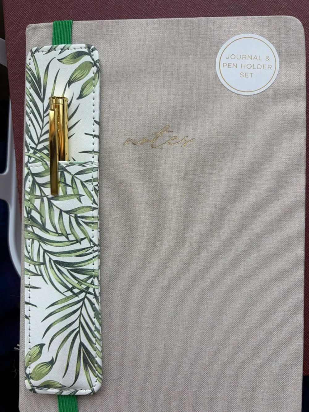 Eccolo Beige Notebook with Green Leaf Pen Holder and Gold Pen